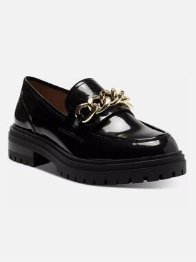 INC International Concepts Black Patent Loafer with Gold Chain